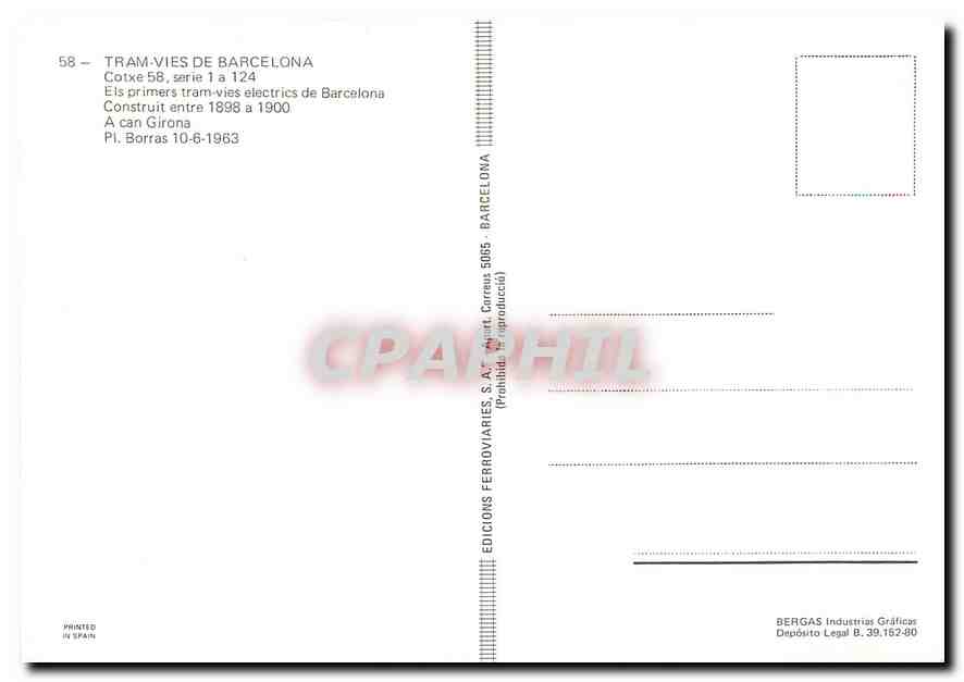 cPM Tram vies de Barcelona Cotxe 58 serie 1 a 124  — Verso