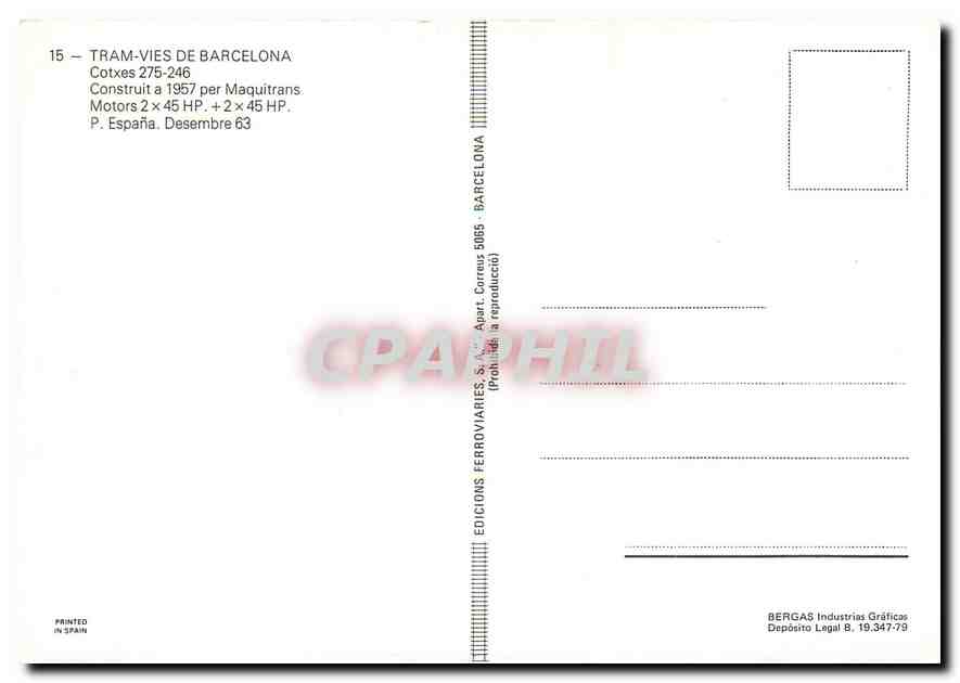 cPM Tram vies de Barcelona Cotxes 275 246  — Verso