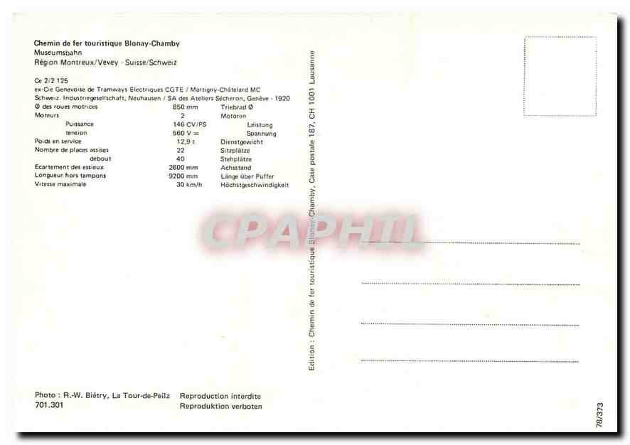 cPM Chemin de fer touristique Bionay Chamby Region Montreux Vevey Ce 2 2 125  — Rückseite