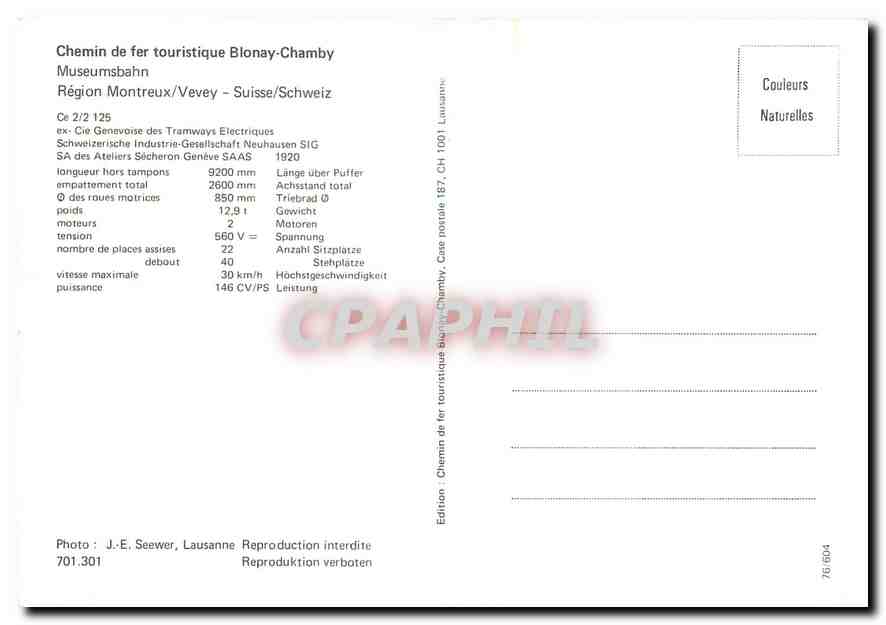 CPM Chemin de fer touristique Blonay Chamby Region Montreux Vevey Suisse Ce 2 2 125  — Verso
