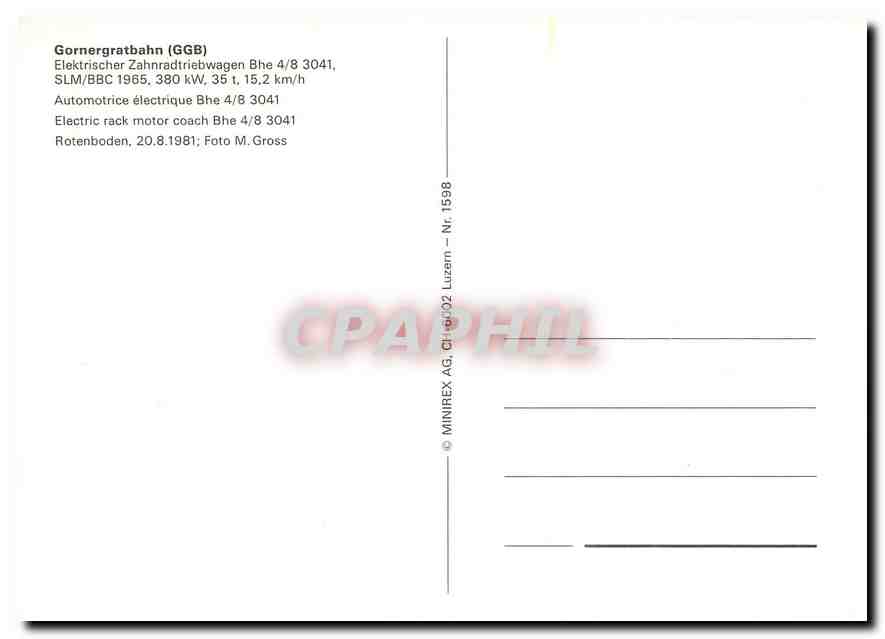 CPM Gornergratbahn Electric rack motor coach Bhe 48 3041  — Verso