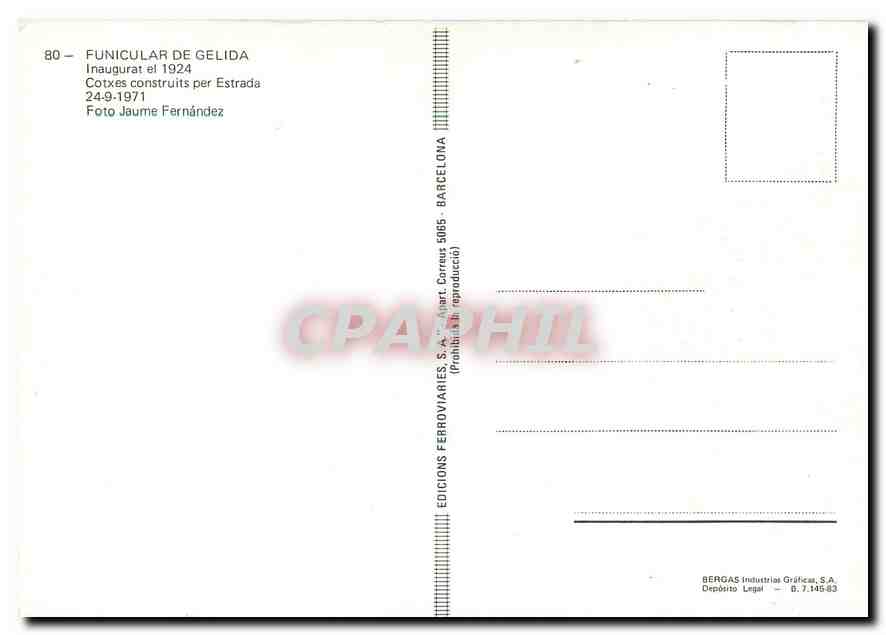 CPM Funicular de Gelida Cotxes construits  — Verso