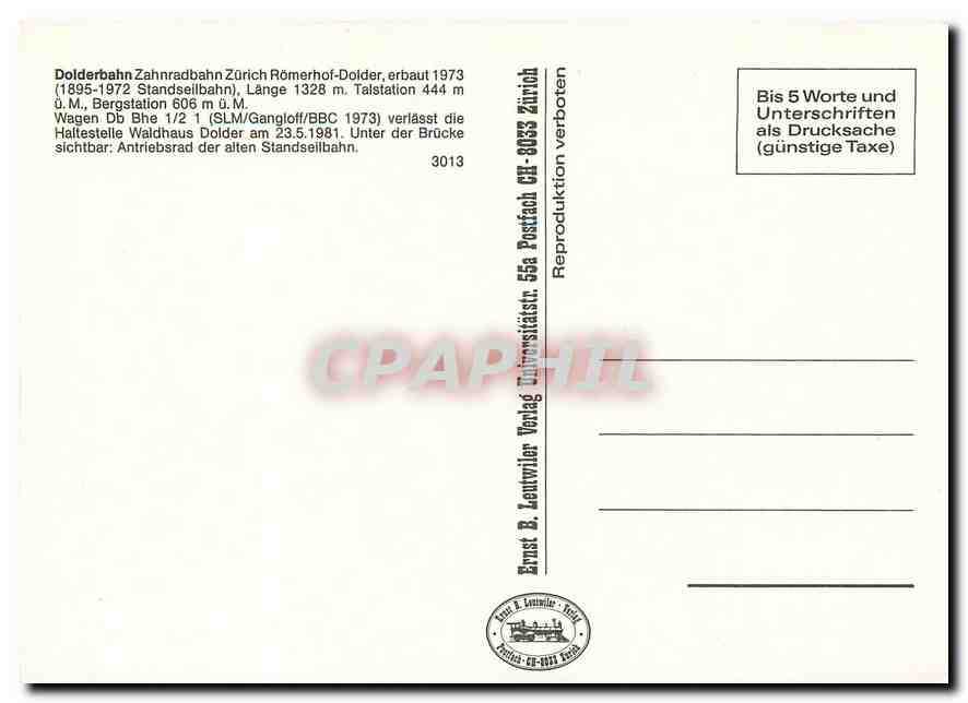 CPM Dolderbahn Zahnradbahn Zurich Romerhof Doider Wagen Db Bhe 1 2 1  — Verso