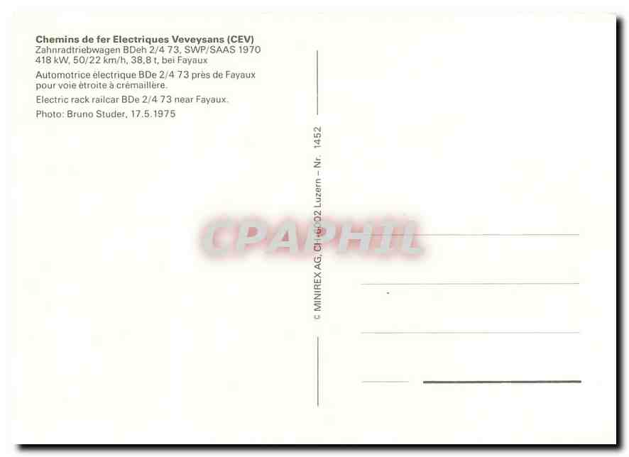 CPM Chemins de fer Electriques Veveysans Electric rack railcar BDe 24 73 near Fayaux  — Verso