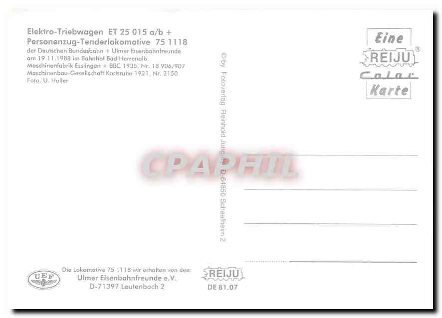 CPM Elektro Triebwagen ET 25 015 ab Locomotive 75 1118  — Verso