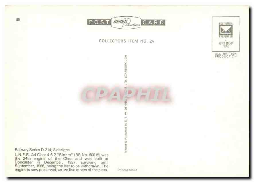 CPM LNER A4 Class 4 6 2 Bittern  — Verso