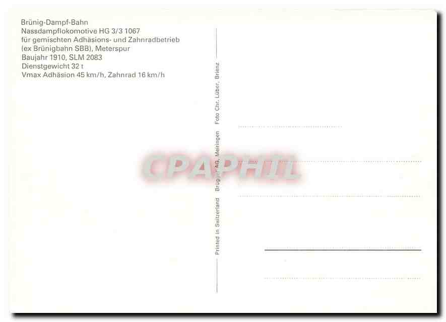 CPM Locomotive HG 3 3 1067 Brunig Dampf Bahn  — Verso