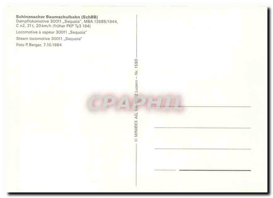 CPM Schinznacher Baumschulbahn Steam locomotive 30011 Sequoia  — Verso