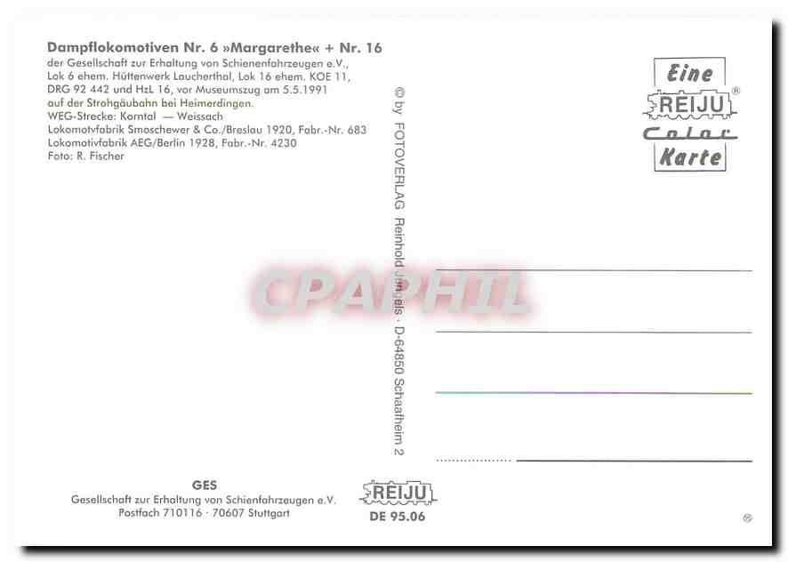 CPM Locomotive Nr 6 Margarethe Nr 16  — Verso