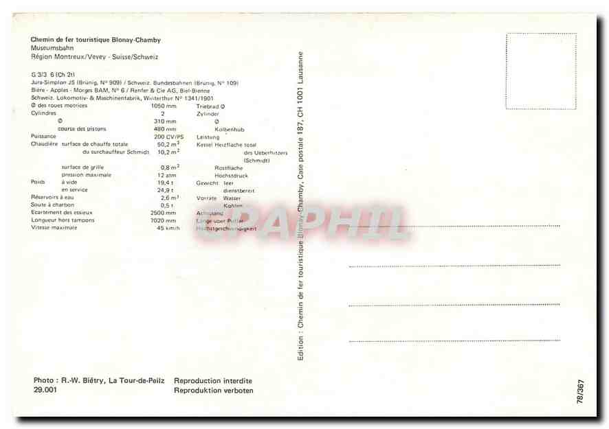 CPM Chemin de fer touristique Blonay Chamby Region Montreux Vevey Suisse Tram G 3 3 6 Ch 2t  — Verso