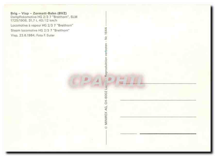 CPM Brig Visp Zermatt Bahn Locomotive HG 2 3 7 Breithorn  — Verso