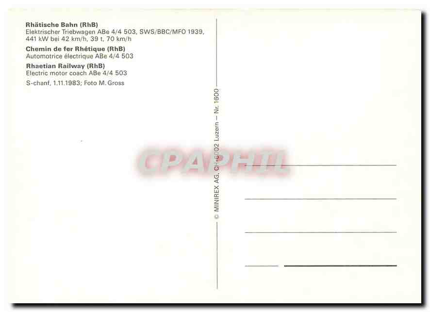 CPM Rhaetian Railway Electric motor coach ABe 4 4 503  — Verso