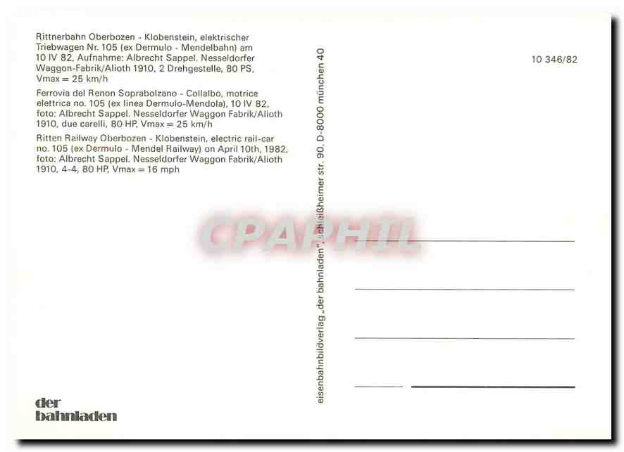 CPM Ritten Railway Oberbozen klobenstein electric rail car no 105  — Verso