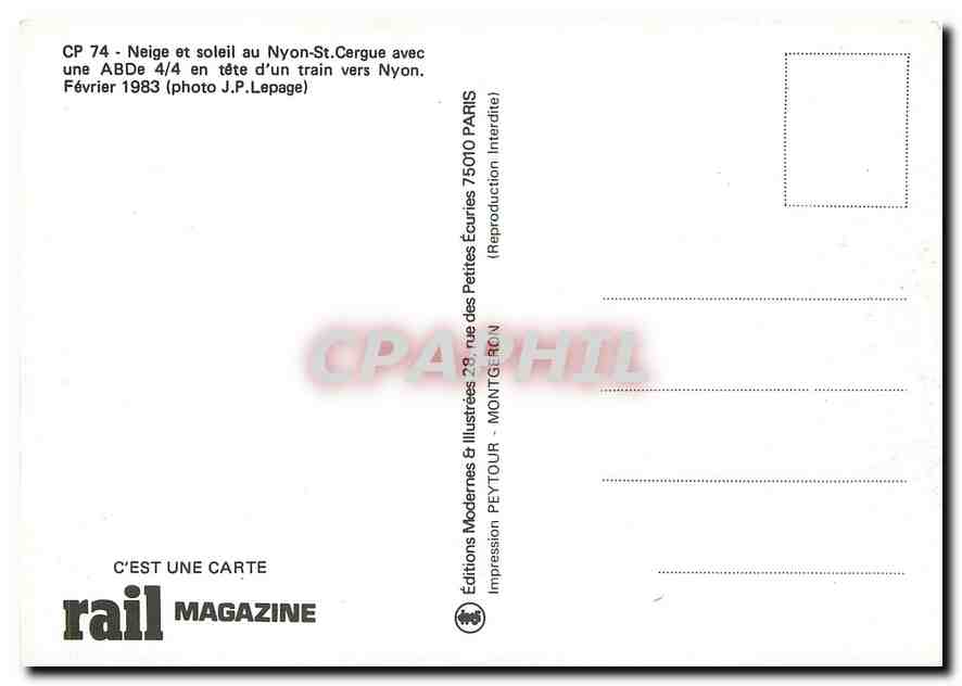 CPM Tram CP 74 Neige et soleil au Nyon St Cergue  — Verso