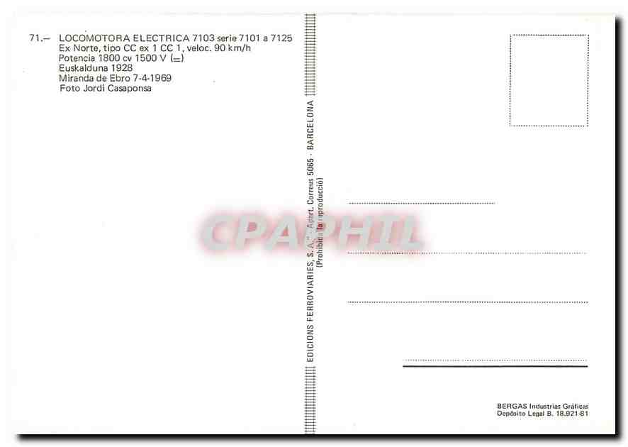 CPM Locomotora electrica 7103 serie 7101 a 7125  — Verso