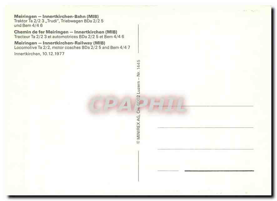 CPM Meiringen Innertkirchen Railway Locomotive Ta 2 2 motor coaches BDa 2 2 5 and Bern 4 4 7  — Verso