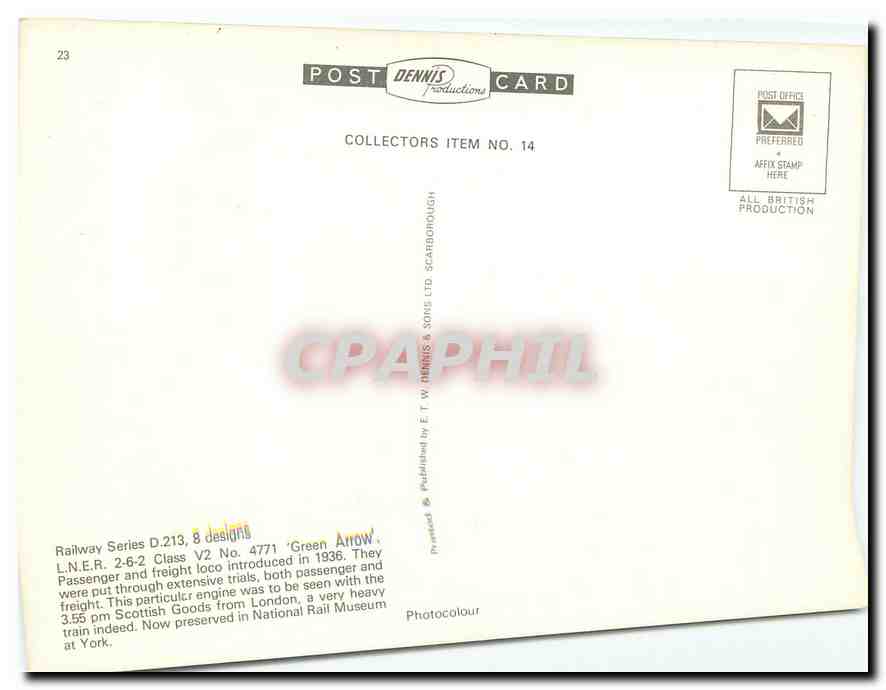 CPM Tram LNER 2 6 2 Class V2 No 4471 Green Arrow  — Verso