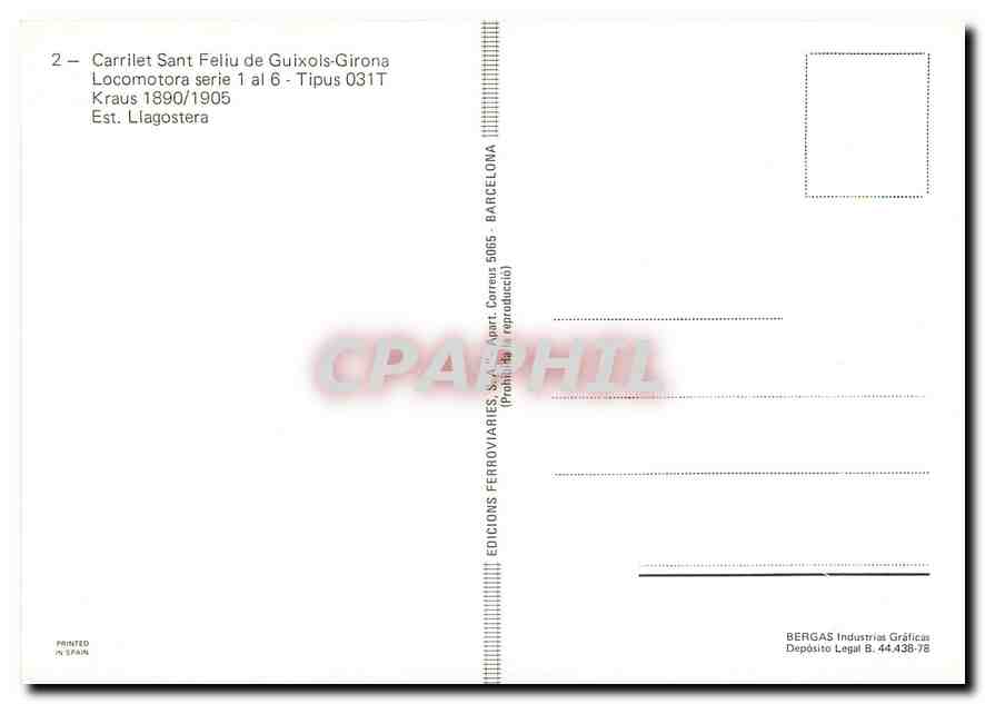 CPM Carrilet Sant Feliu de Guixois Girona Locomotora serie 1 al 6 Tipus 031T  — Verso