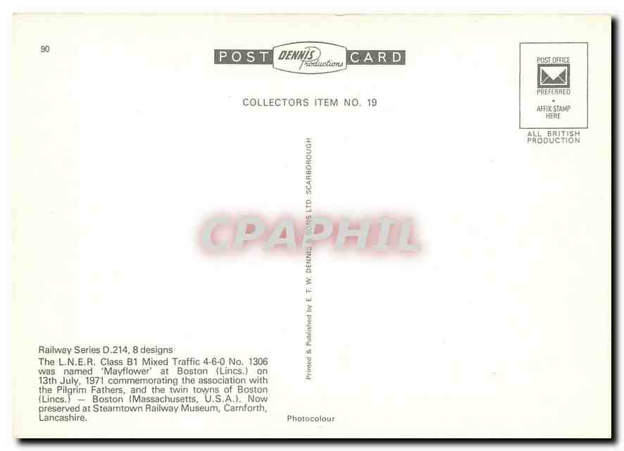 CPM The LNER Class B1 Mixed Traffic 4 6 0 No 1306 Mayflower at Boston  — Verso