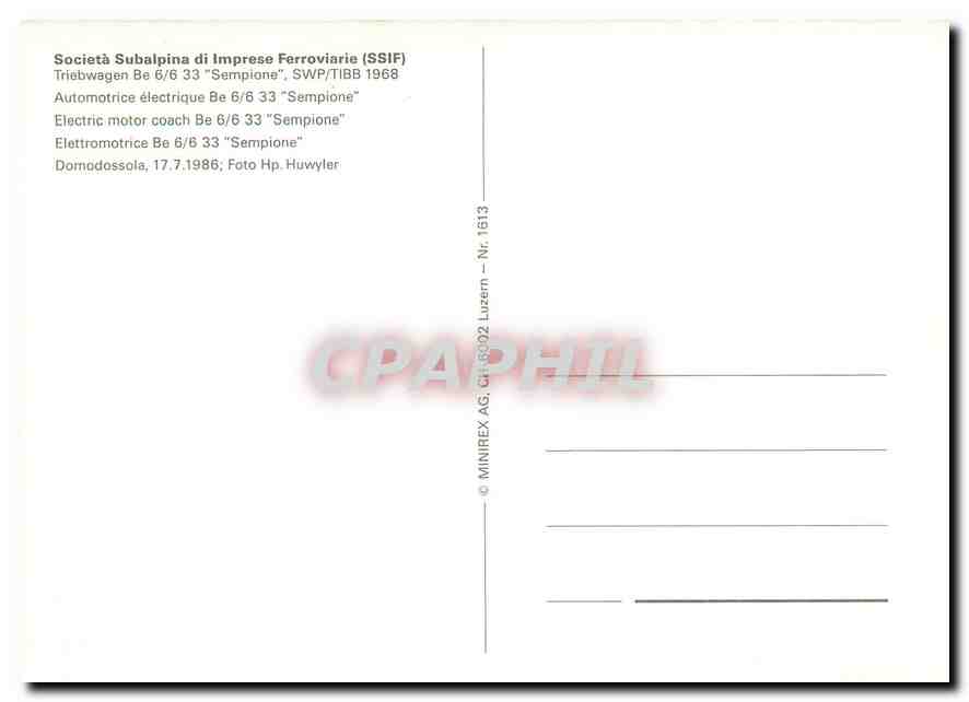CPM Societa Subalpina di Imprese Ferroviare Electric motor coach Be 6 6 33 Sempione  — Verso