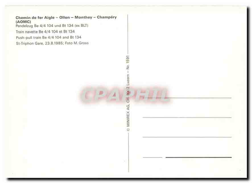 CPM Chemin de fer Aigle Ollon Monthey Champery Push pull train Be 4 4 104 and Bt 134  — Verso