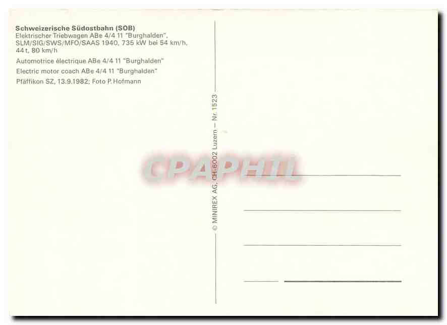 CPM Schweizerische Sudostbahn Electric motor coach ABe 4 4 11 Burghalden  — Verso