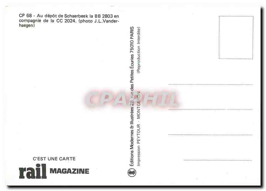 CPM Tram CP 68 Au depot de Schaerbeek la BB 2803 en compagnie de la CC 2024  — Verso