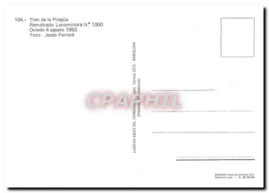 CPM Tren de la Piragua Remolcado Locomotora N 1060  — Verso