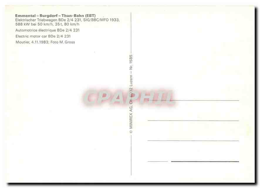 CPM Emmental Burgdorf Thun Bahn Electric motor coach BDe 2 4 231  — Verso