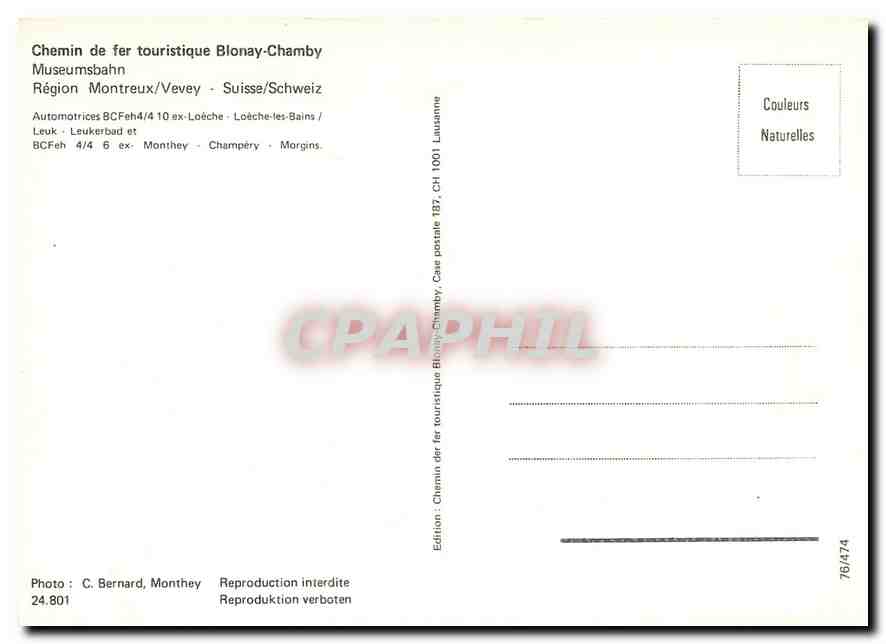 CPM Blonay Chamby Museumbahn Region Montreux Vevey BCFeh 4 4 6  — Verso