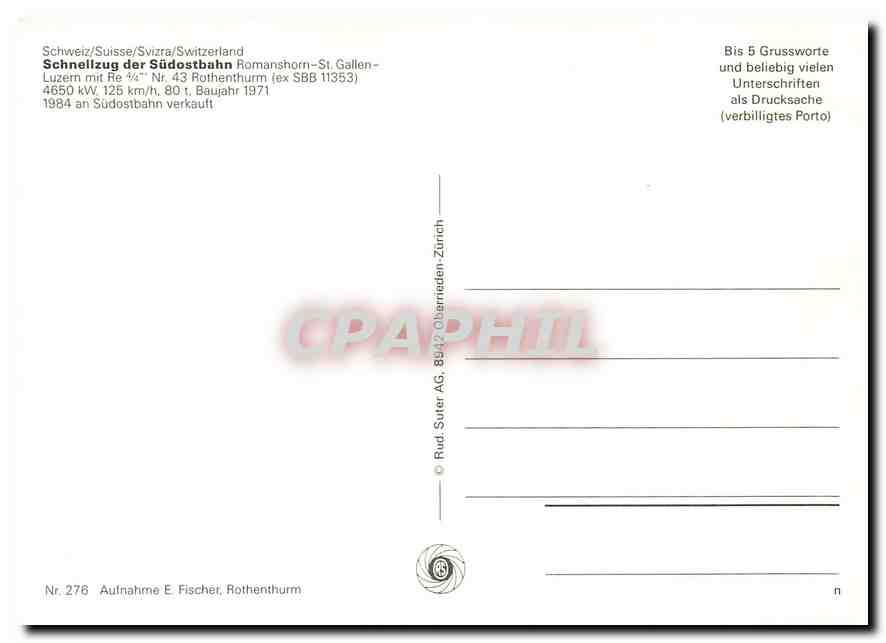 CPM Romanshorn St Gallen Luzern mit Re 4 4 Nr 43 Rothenturm  — Verso
