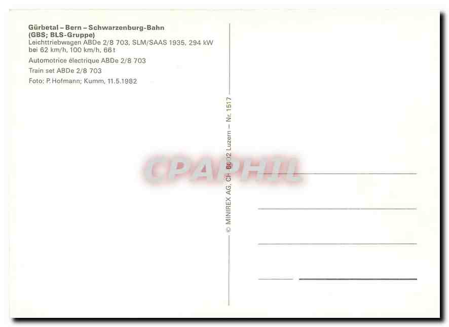CPM Gurbetal Bern Schwarzenburg Bahn Automotrice electrique ABDe 2 8 703  — Rückseite