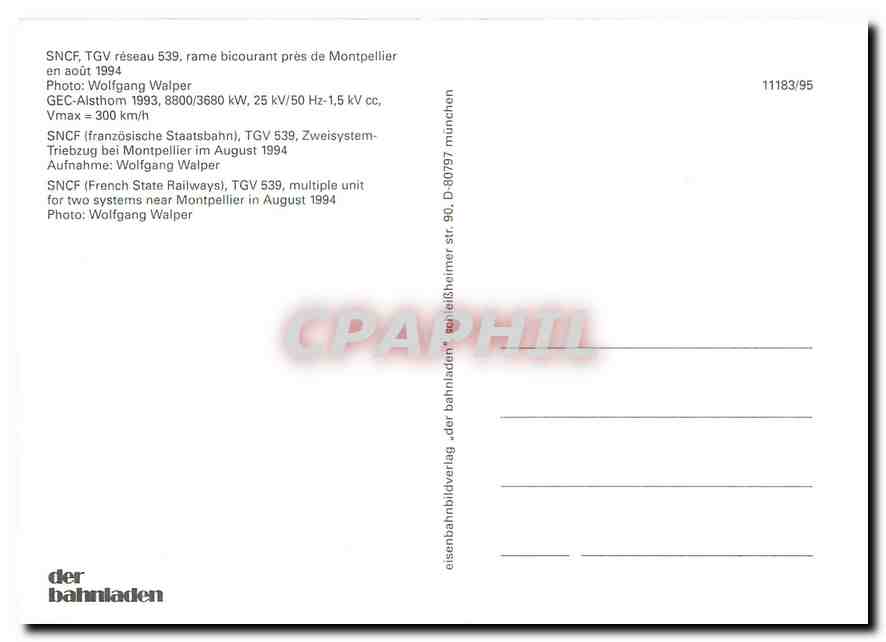 CPM SNCF French State Railways TGV 539  — Verso
