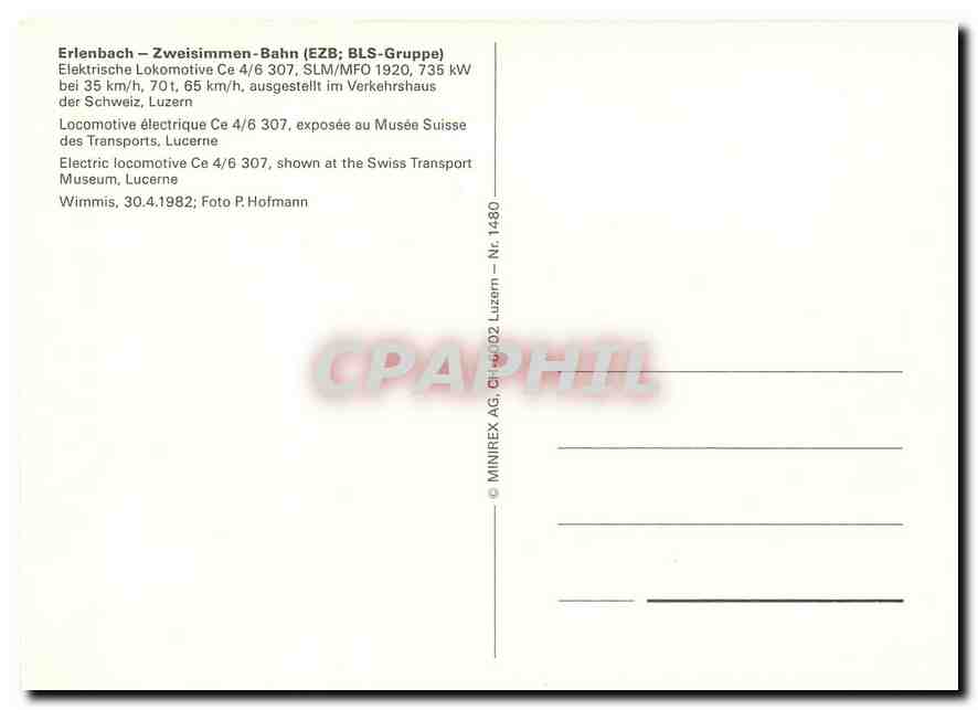 CPM Erlenbach Zweisimmen Bahn Locomotive Ce 4 6 307  — Verso