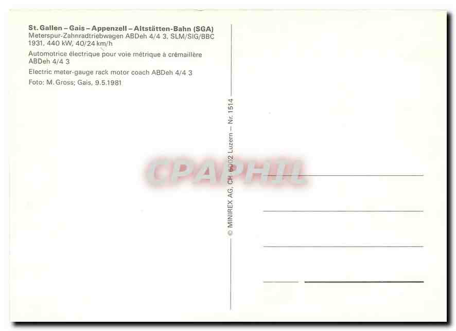 CPM St Gallen Gais Appenzel Aitstatten Bahn Electric meter gauge rack motor coach ABDeh 4 4 3  — Rückseite
