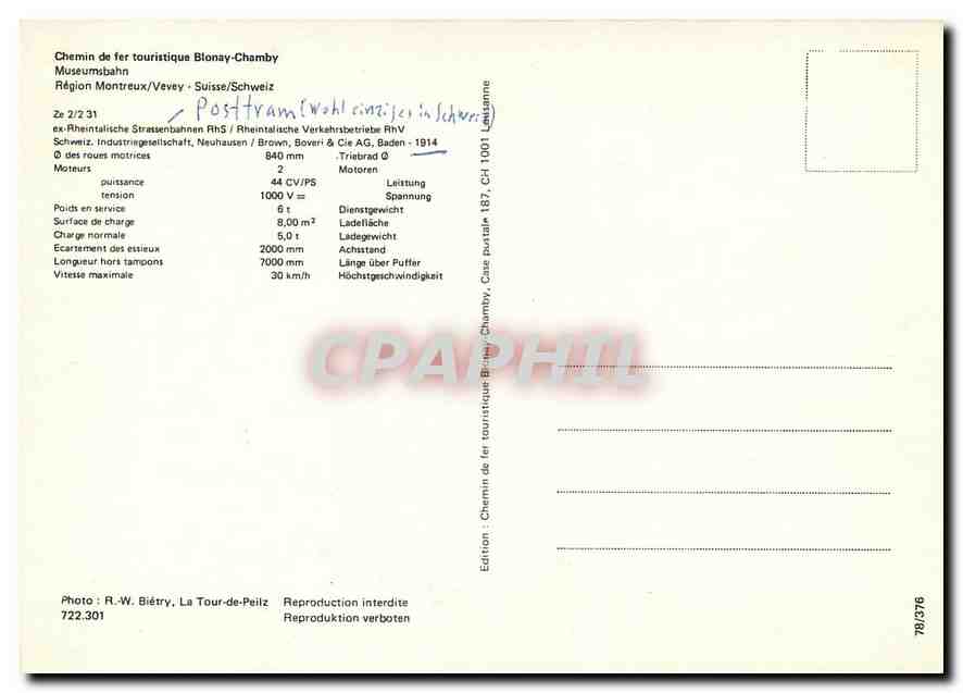 CPM Chemin de fer touristique Blonay Chamby Museumsbahn  — Back
