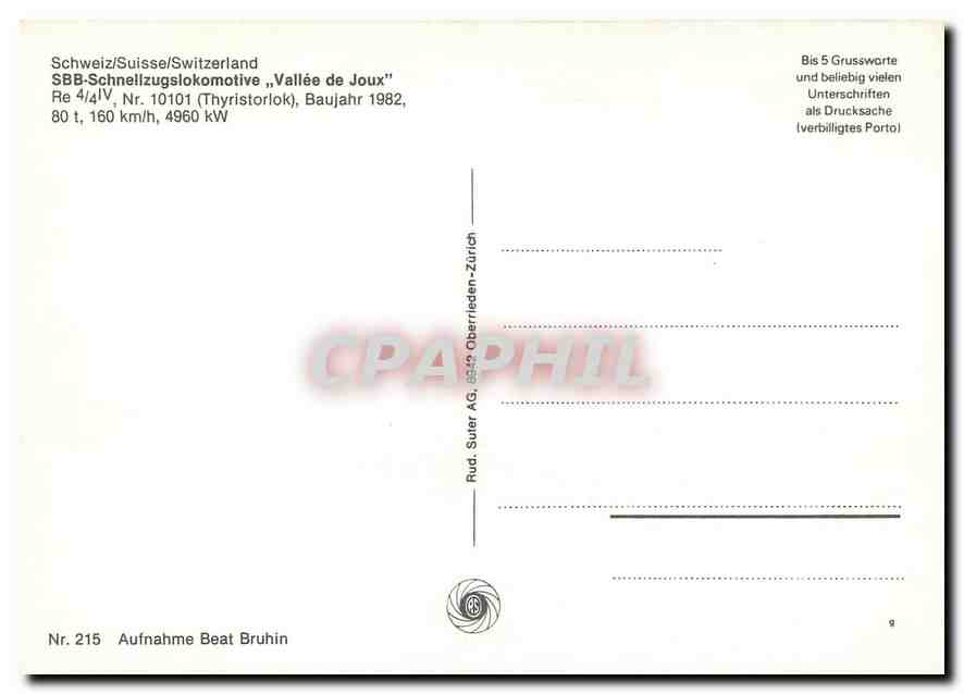 CPM SBB Schnelizugslokomotive Vallee de Joux Re 4 4 IV Nr 10101  — Verso