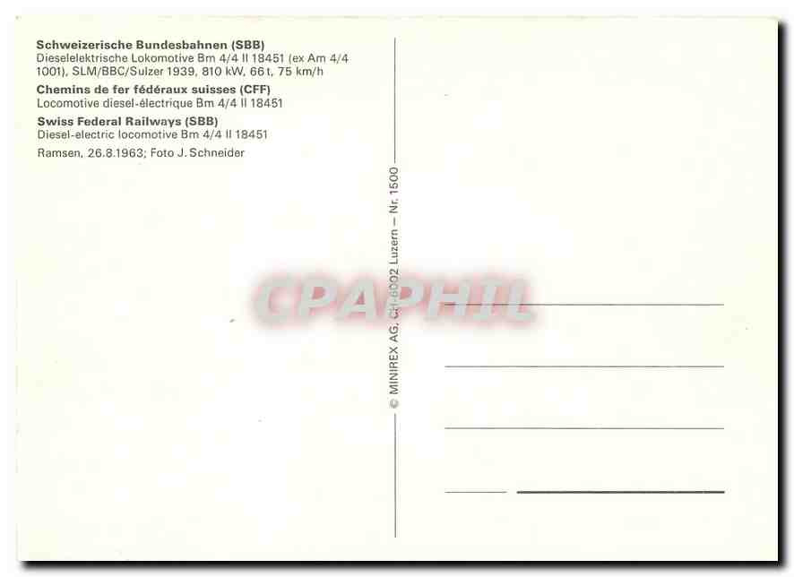 CPM Swiss Federal Railways SBB Diesel electric locomotive Bm 4 4 11 18451  — Verso