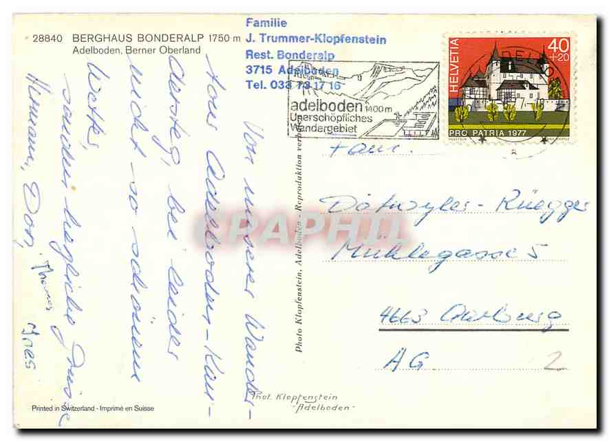 CPM Berghaus Bonderalp Adelboden Berner Oberland  — Rückseite