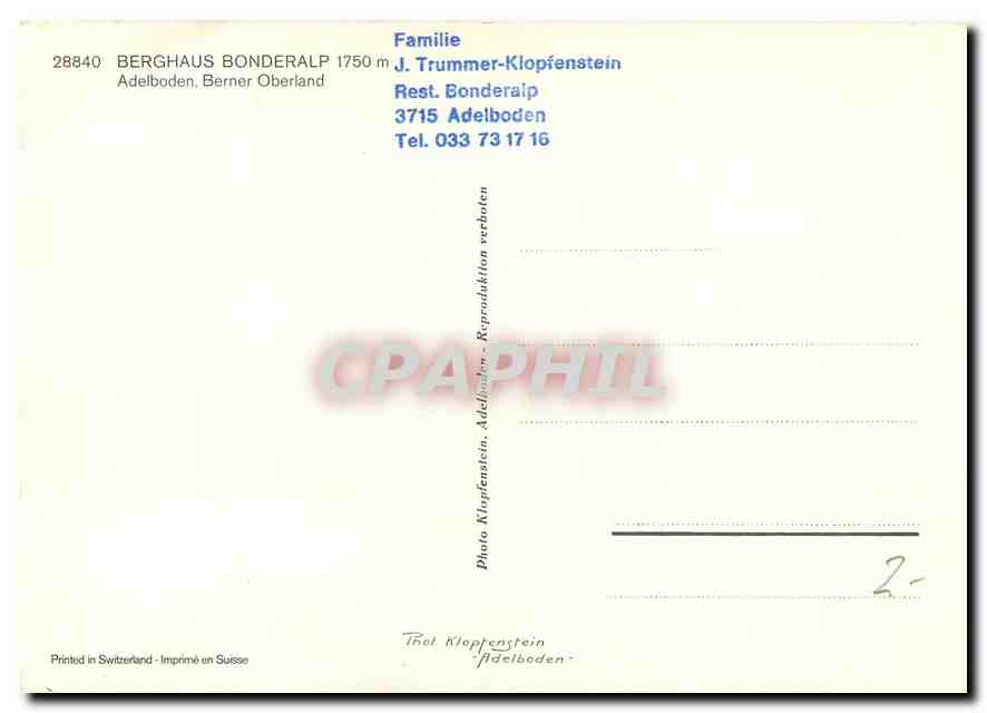 CPM Berghaus Bonderalp Adelboden Berner Oberland  — Rückseite