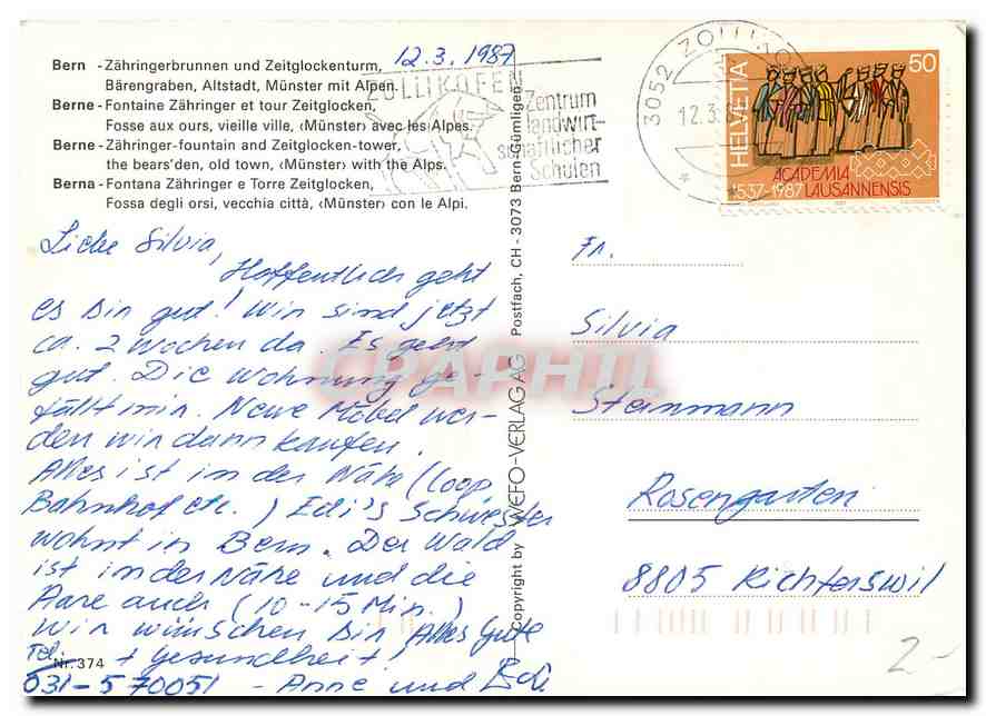CPM Berne Fontaine Zahringer et tour Zeitglocken Ours — Rückseite