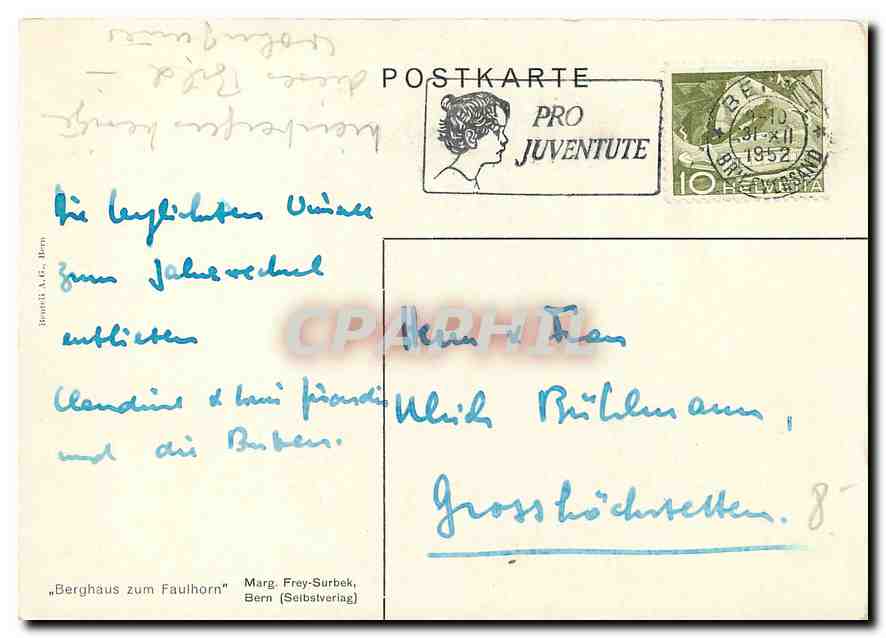 CPM Berghaus zum Faulhorn Marg Frey Sutbek Bern  — Back