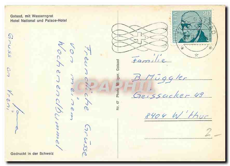 CPM Gstaad mit Wasserngrat Hotel National und Palace Hotel  — Rückseite