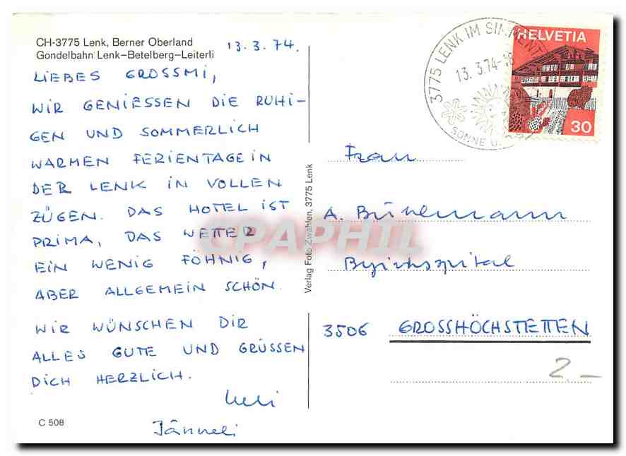 CPM Lenk Berner Oberland Gondelbahn Lenk Betelberg Leiterli  — Rückseite