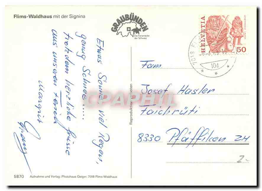 CPM Flims Waldhaus mit der Signina  — Rückseite