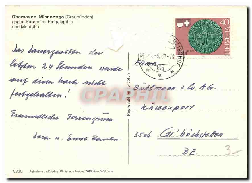CPM Obersaxen Misanenga Graubunden  — Rückseite