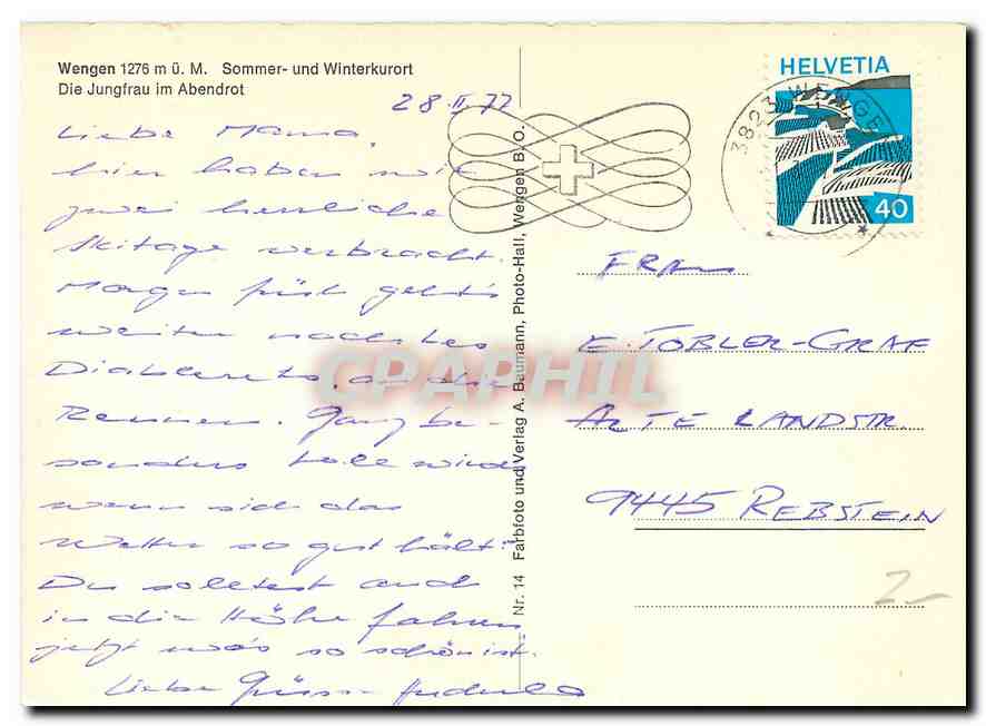 CPM Wengen Sommer und Winterkurort Die Jungfrau im Abendrot  — Back