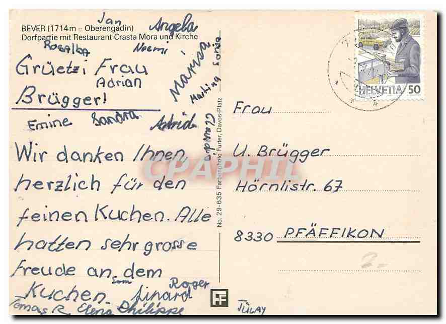 CPM Bever Oberengadin Dorfpartie mit Restaurant Crasta Mora und Kirche  — Rückseite