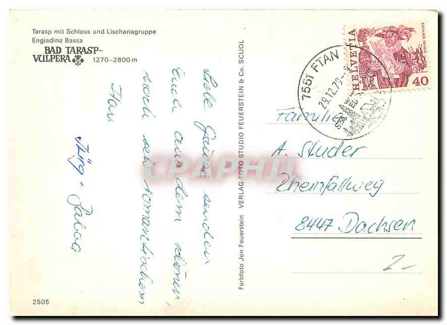 CPM Bad Tarasp Vulpera Tarasp mit Schloss und Lischanagruppe Engiadina Bassa  — Rückseite