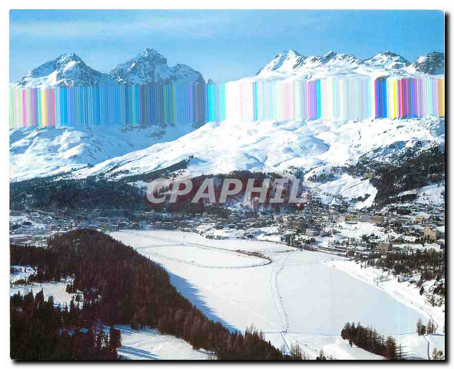 CPM St Moritz mit Piz Albana und Piz Julier dem Corviglia Skigebiet und der Pferderennbahn auf dem g